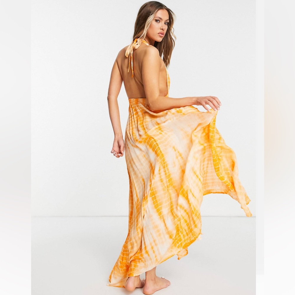 NWOT ASOS DESIGN deep plunge maxi beach dress in orange tie dye